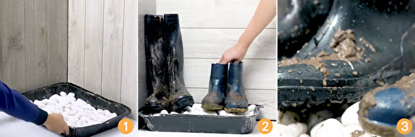 冬天鞋底容易沾上雪水，弄脏地板。把鞋子放在鹅卵石上，就可以了。