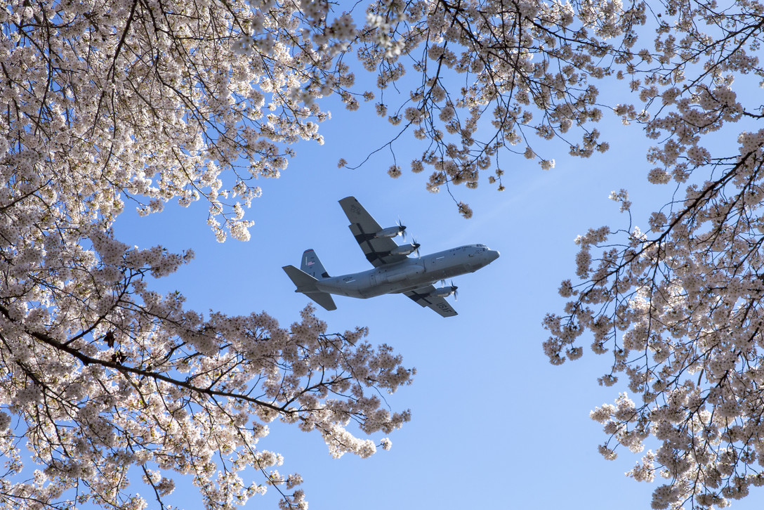 2018年3月30日,美國空軍一架運輸機飛越日本橫田飛行場(Yokota Air Base)。(Yasuo Osakabe/U.S. Air Force)