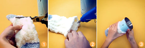 用毛袜子做一个简单的杯套就解决，避免杯子装热水时烫手。