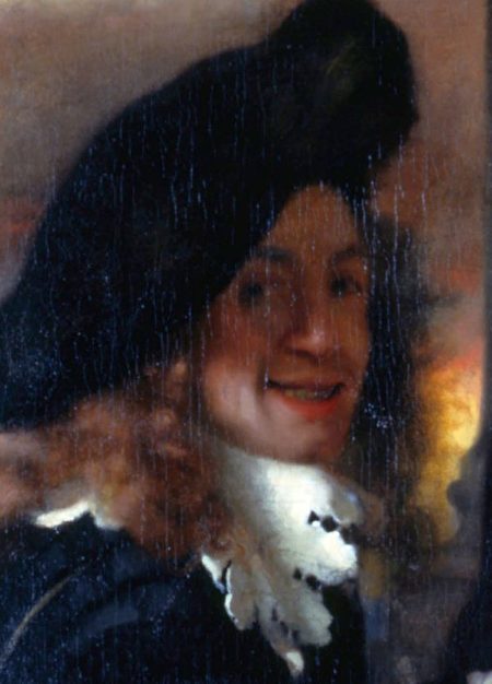 維米爾畫作《老鴇》局部，後人推測可能是維米爾的自畫像，布面油畫，1656年作。（公有領域）