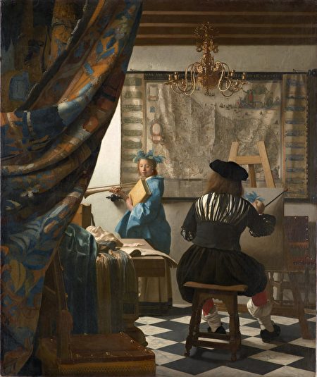 [荷] 維米爾，《繪畫的寓言》（又名《畫室》），作於1665-1667年，布面油畫，此畫一度被希特勒占有，現藏維也納藝術史博物館。（公有領域）