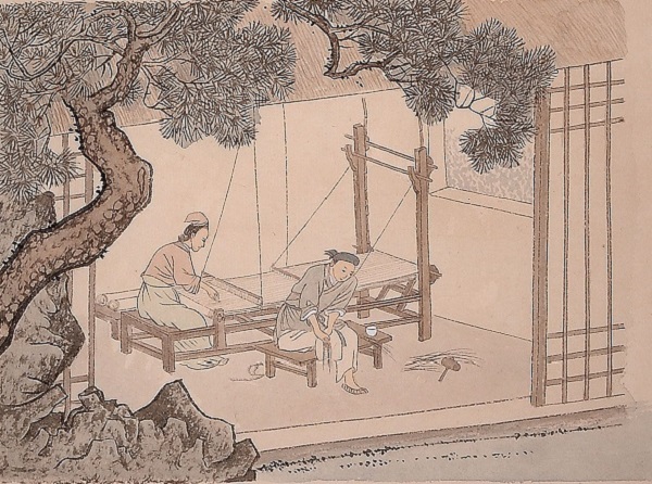 陳少梅繪《二十四孝圖》之《董永賣身葬父》。仙女下凡為他織帛還債。(公有領域)