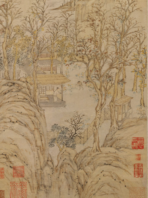 菊花從蓓蕾到爛漫,整齊排列像屏風,散開又像滿天星斗。圖為明 陸治《種菊圖》局部。(公有領域)