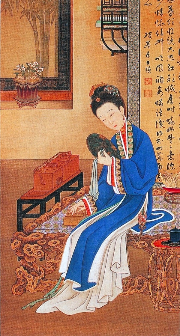 《雍親王體書堂深居圖屏》之「裘妝對鏡」,清人繪。(公有領域)