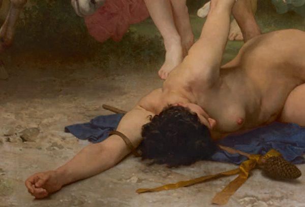 ［法］威廉‧布格罗（William Bouguereau）的《青年巴库斯》（La Jeunesse de Bacchus），醉倒女子的局部，布面油画，1884年作，6.09 × 3.35米，私人收藏。(Courtesy of Sotheby's)