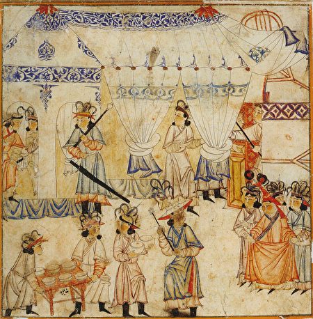 圖為柏林國家圖書館所藏的波斯細密畫冊Diez Albums中描繪的蒙古帝國皇后籌備饗宴的場景。（公有領域）