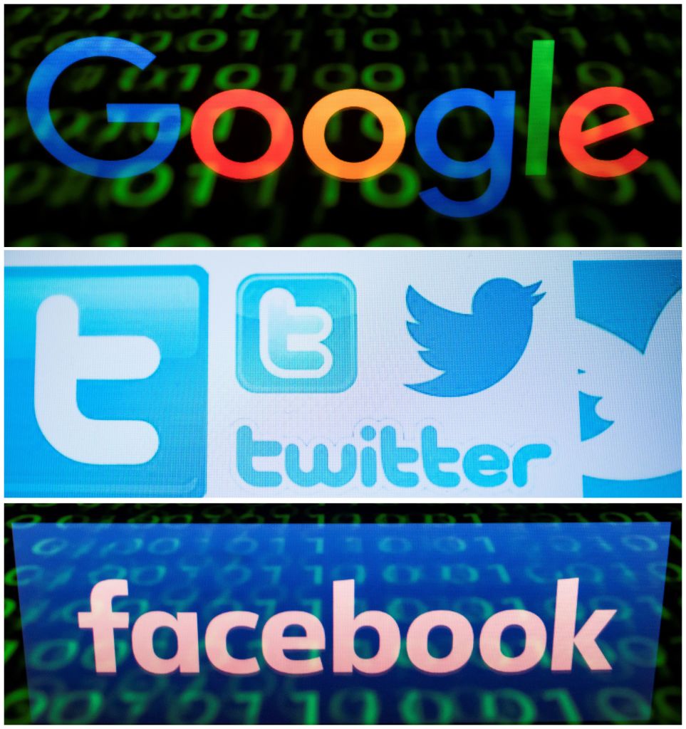 图为脸书、推特、谷歌大型科技公司Logo。(LIONEL BONAVENTURE,NICOLAS ASFOURI/AFP/Getty Images)
