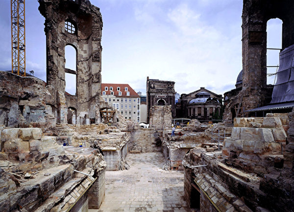 DRESDEN, GERMANY - UNDATED: In this handout photo provided by Stiftung Frauenkirche, the remains of the Frauenkirche Cathedral are shown as the first reconstruction work began in 1994 in Dresden, Germany. The Frauenkirche, which was decimated by Allied bombers in World War II, has been rebuilt in a painstaking and high-tech project since 1994. Ceremonies marking the Frauenkirche's official re-opening are scheduled for the end of October. (Photo by Stiftung Frauenkirche via Getty Images)