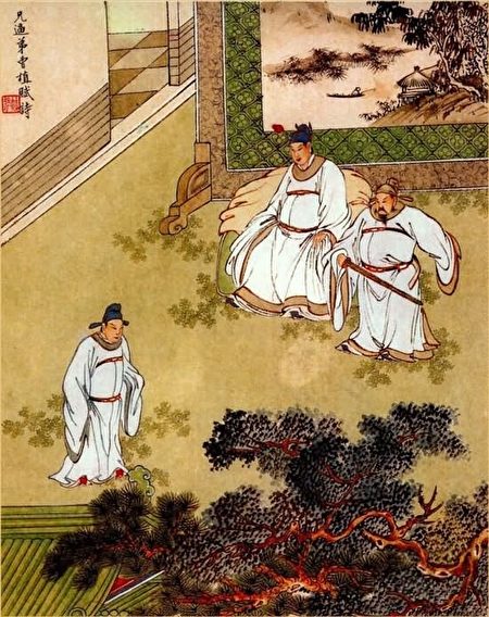 金协中彩绘《三国演义》第七十九回插图，兄逼弟曹植赋诗。（公有领域）