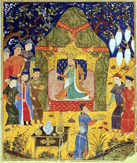 拉施德丁所著《史集》（Jami al-Tawarikh）中描繪的成吉思汗加冕圖。（公有領域）