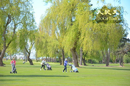 Musqueam高尔夫球场和练习场，位于温哥华西南方，背靠菲沙河，是加拿大最好的高尔夫训练设施之一。图为高尔夫训练场地。
