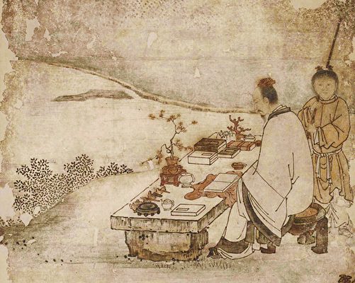 日本市町时代狩野正信绘《西王母与东方朔图》（局部）。（公有领域）
