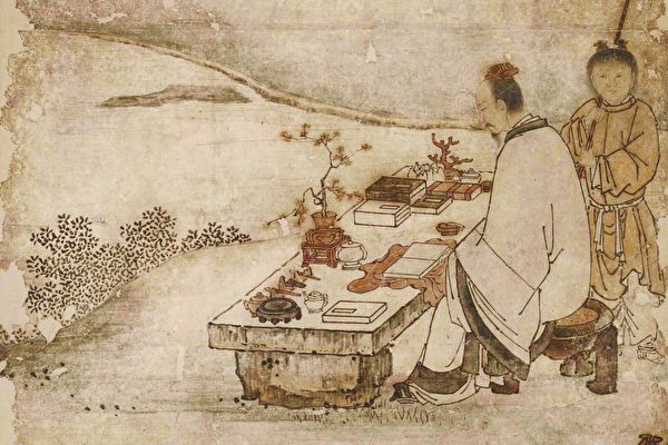 日本市町時代狩野正信繪《西王母與東方朔圖》（局部）。（公有領域）