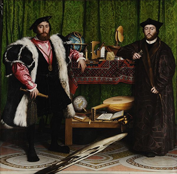 小漢斯·霍爾拜因，《使節》（The Ambassadors），作於公元 1533 年，油彩、橡木， 207 x 209.5 cm，英國倫敦國家畫廊藏。（公有領域）