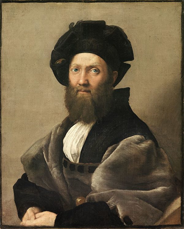 拉斐爾，《巴達薩列．卡斯提里奧尼畫像》（Ritratto di Baldassarre Castiglione），作於約1514—1515年，布面油畫，82 × 67公分，路易十四藏畫系列，法國巴黎盧浮宮藏。（公有領域）