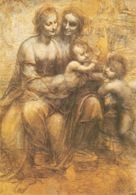 达芬奇作于1500—1505年间的素描《圣母子与圣安娜、施洗者圣约翰》（Cartone di sant'Anna），收藏于英国国家画廊。（公有领域）