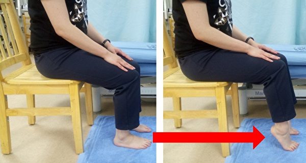 小腿後側肌力訓練（坐姿）。 （台大醫院新竹分院提供）