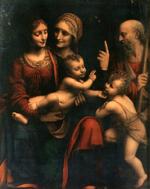 貝納迪諾·盧伊尼（Bernardino Luini），《聖母瑪利亞和聖嬰與聖安妮》（Holy Family With Saint Anne and the Infant John the Baptist），約1503年作，米蘭盎博羅削圖書館藏。（公有領域）