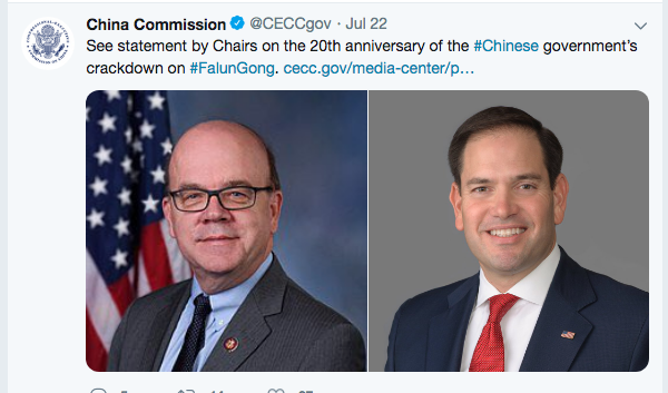 左為CECC現任主席、美國聯邦眾議員吉姆・麥克高文（Jim McGovern） ，右為CECC的共同主席、美國聯邦參議員馬克・魯比奧（Marco Rubio）。（CECC推特截圖）