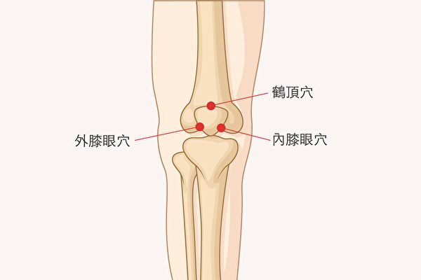 常按膝蓋上的三個穴位：鶴頂穴、內膝眼穴、外膝眼穴，改善膝關節酸痛。（Shutterstock/大紀元製圖）