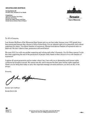 明尼蘇達州參議員霍夫曼（John Hoffman）發給此次集會的支持信。（大紀元資料圖）