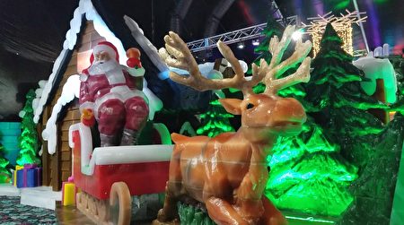 穆迪花园Moody Gardens今冬将继续举办冰雕展，图为冰雕展上的圣诞老人和驯鹿。