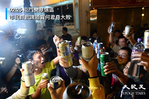 2019年11月24日何君堯以1200票之差大敗，民眾開香檳慶賀。（大紀元）