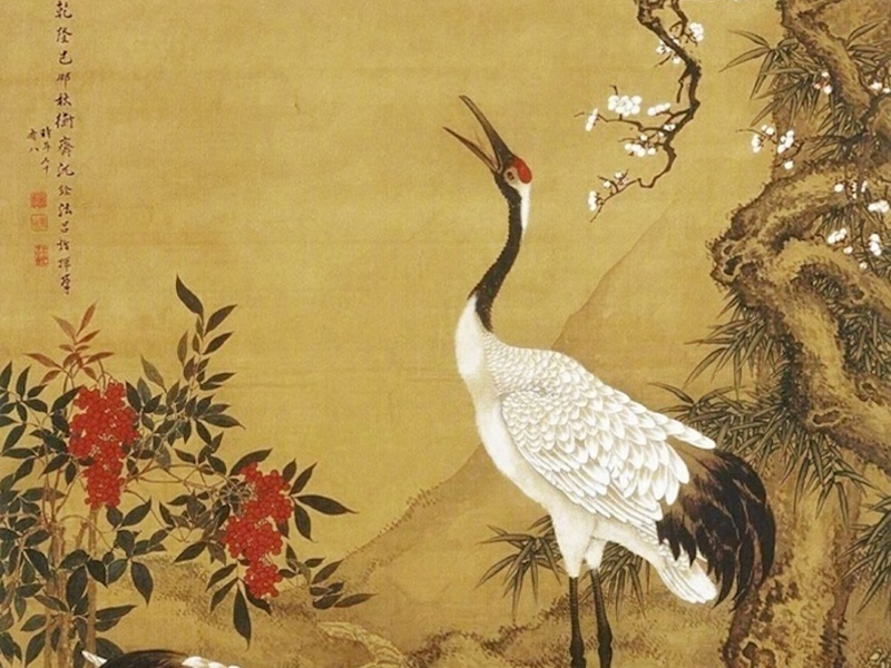 淳于髡以“鸟”为隐语劝谏齐威王,齐威王立刻醒悟,留下“一鸣惊人”的典故。图为清 沈诠《松梅双鹤图》局部(公有领域)