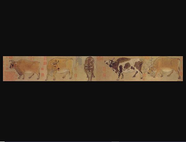 中国絵画　 唐代の絵家　名家唐時代　韓滉（最作)五牛図　乾隆皇帝など题 巻き絵 中国絵画 唐代の絵家名家唐時代韓滉（最作)五牛図乾隆皇帝など题
