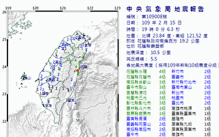 台湾花莲发生规模5.5地震 全台有感