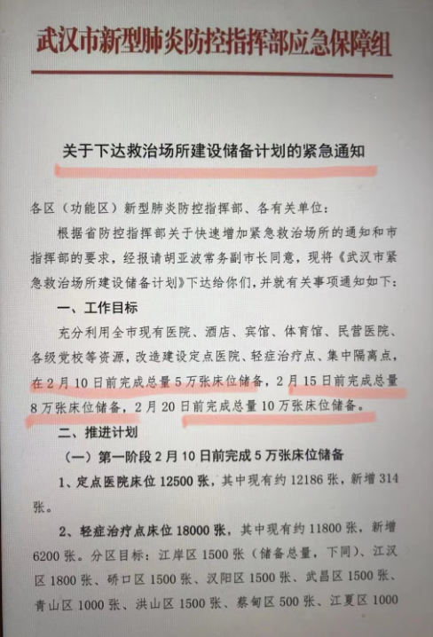 武漢防控指揮部下令「2月20日前儲備10萬張床位」（網絡截圖）
