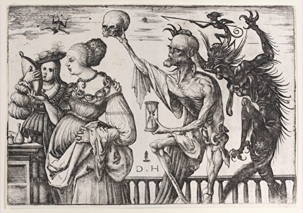 示意圖。圖為丹尼爾‧霍普弗的作品《死神和魔鬼突襲兩名婦女》，約1510-1515年。刻板畫，15.5 × 22.3公分。紐約大都會藝術博物館，紐約。(Public Domain)
