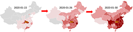 圖三： 中共肺炎疫情從武漢爆發後，在短時間內迅速蔓延全中國。
