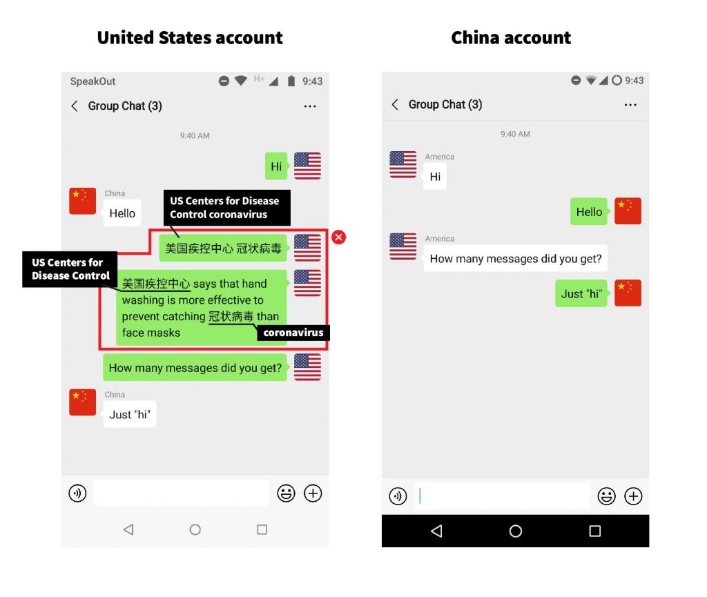 中国的微信用户收不到美国的微信用户发出的帖子,因为里面含有敏感词“中共病毒”与“美国疾控中心”。(公民实验室提供)