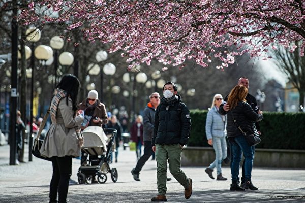 2020年4月1日，中共病毒在瑞典大流行，人們在斯德哥爾摩的國王花園賞櫻。（JONATHAN NACKSTRAND/AFP via Getty Images）