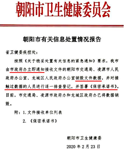 朝阳市卫健委遵照中共上级指示,命令销毁疫情文件数据和签署保密承诺书的红头文件。