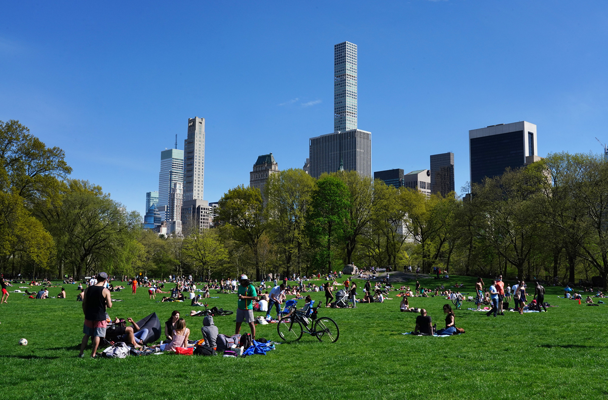 2020年5月2日,人們在中央公園的草地上享受陽光。(Cindy Ord/Getty Images)