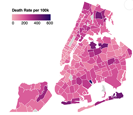 市卫生局5月18日按邮政编码显示的疫情死亡人数地图，颜色越深死亡人数越多。