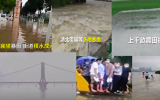 湖北黃石、咸寧、襄陽等地也發生洪災，而武漢的長江水位已經越過堤防。（視頻截圖合成）
