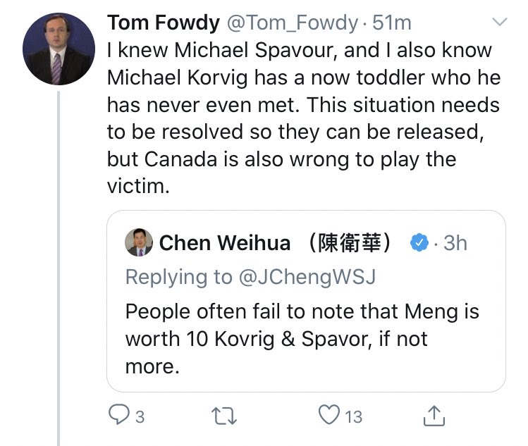 陳衛華的推文說,一個孟晚舟頂10個Kovrig & Spavor,隨後這則推文被他刪除。(網民提供,網絡存檔)