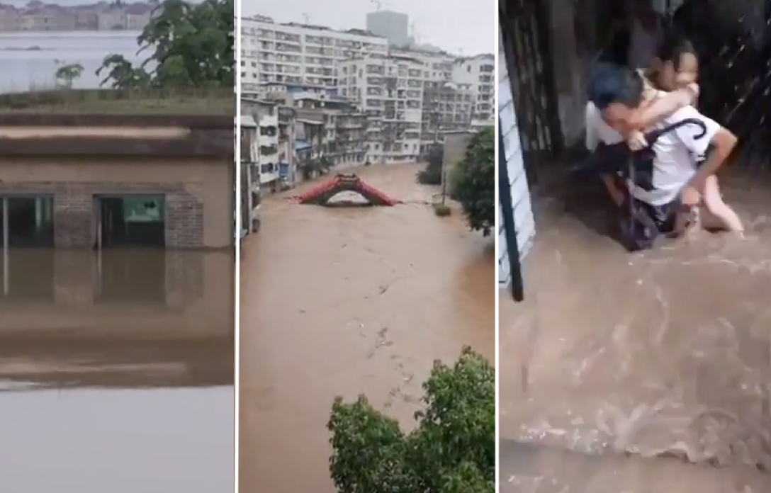 长江流域灾情不断,图为流域受灾情况。(视频截图)