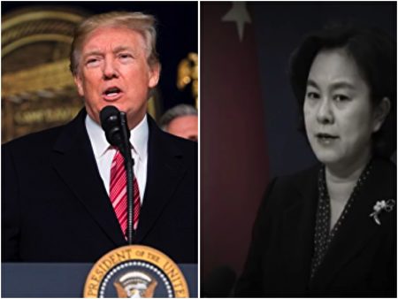 美國打算封殺中共黨員和家屬進入美國，中共外交部發言人華春瑩跳腳，指責美國悲哀。（大紀元合成圖）
