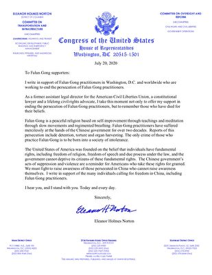 華盛頓DC國會眾議員埃莉諾·霍姆斯·諾頓（Eleanor Holmes Norton）寫給法輪功學員的聲援信。（大紀元）
