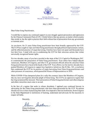 威斯康辛州國會眾議員格倫·格羅斯曼（Glenn Grothman）寫給法輪功學員的聲援信。（大紀元）
