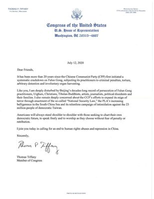 威斯康辛州國會眾議員湯姆·蒂法尼（Tom Tiffany）寫給法輪功學員的聲援信。（大紀元）
