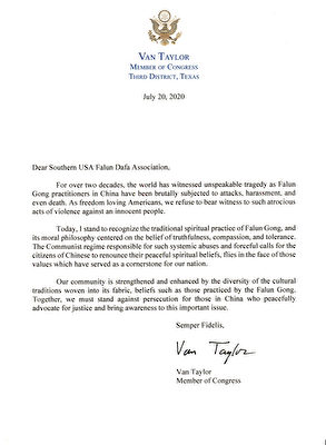 德克沙士州國會眾議員萬·泰勒（Van Taylor）寫給法輪功學員的聲援信。（大紀元）