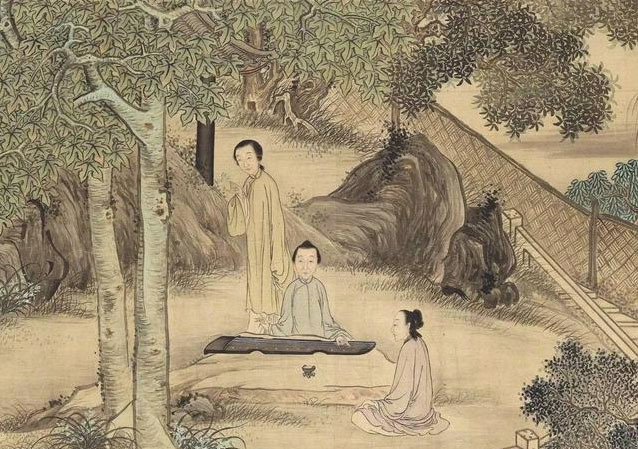 清 尤詔、汪恭繪《隨園湖樓請業圖》局部,撫琴者為席佩蘭。(公有領域)