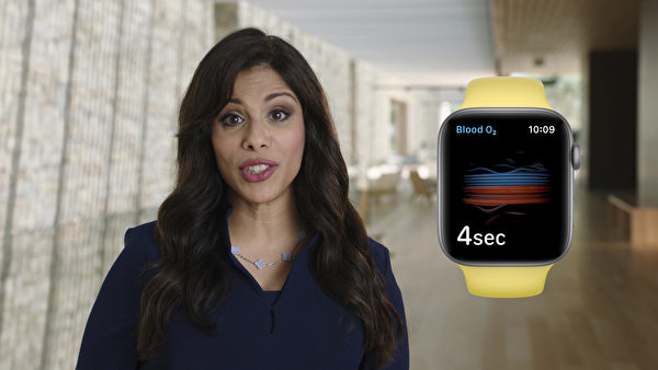 負責健康事務的蘋果公司副總裁、醫學博士Sumbul Ahmad Desai表示，新的Apple Watch使用紅光和紅外光，然後用它的算法來讀取血液顏色，從而顯示血氧濃度。（Handout/Apple Inc./AFP）