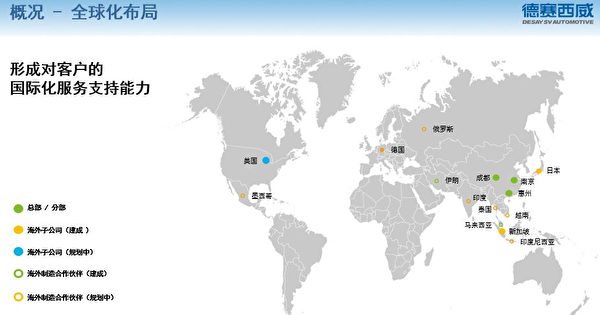 惠州市外事辦收到的《德賽西威簡介-2017.11.10對接會》顯示，德賽西威在全球佈局生產和銷售。（大紀元）