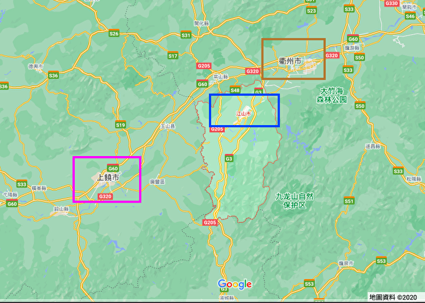 地圖上顯示，江山市在衢州市西南，上饒市在江山市西南。（Googe地圖）